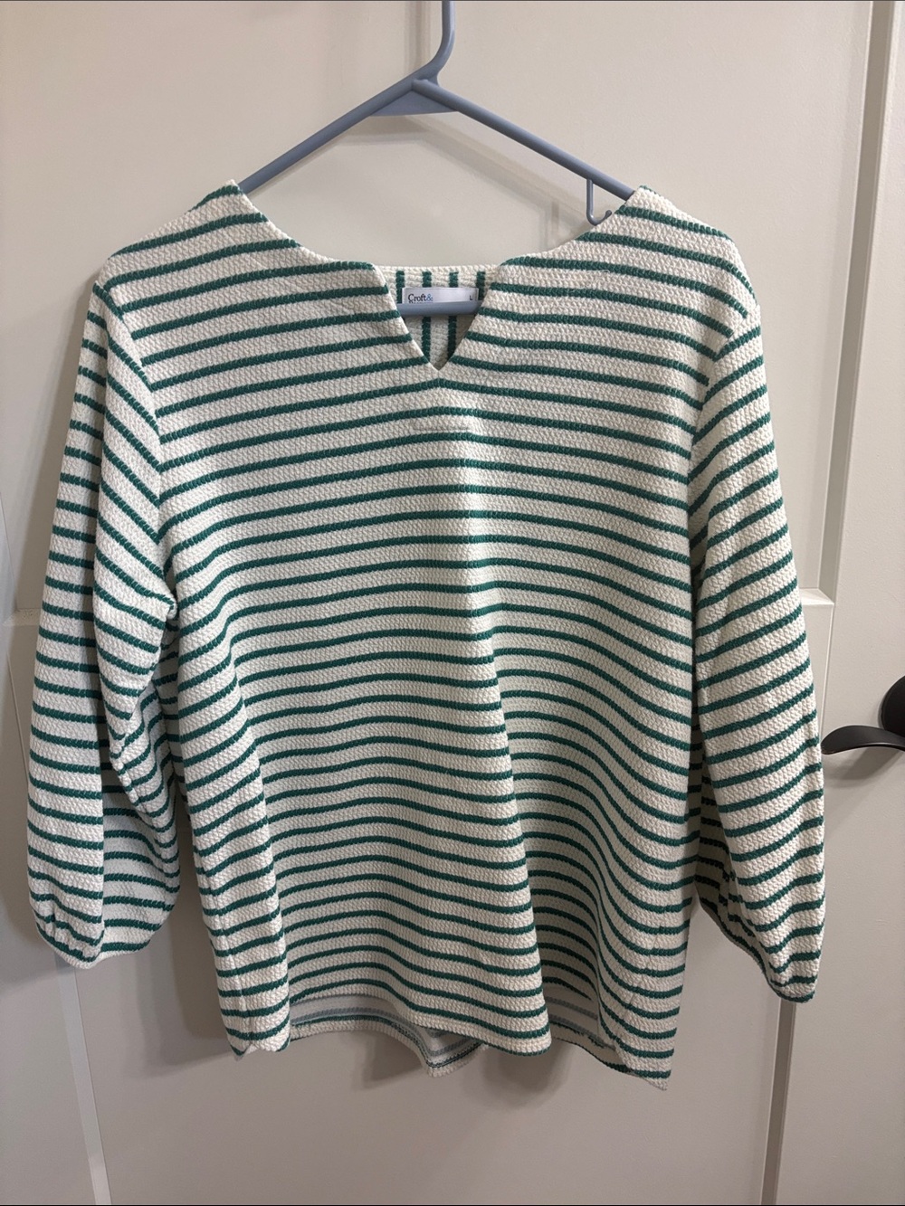 croft & barrow Green and Cream Striped V-Notch Pullover